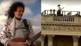 The Guitarist performed the lonely solo high above the city and was accompanied by the orchestra far below him in the Palace gardens, whilst being projected live to millions of people across the world.
