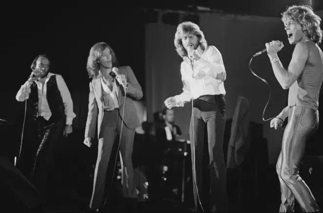 Andy Gibb (far left) performing with the Bee Gees in 1979