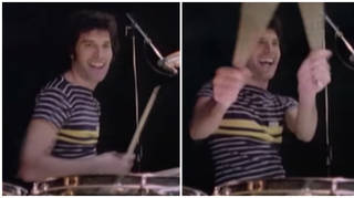 Freddie Mercury playing the drums during a rehearsal for Queen's News Of The World tour at Shepperton Studios in October 1977.
