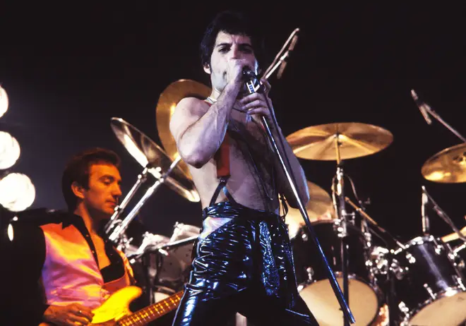 John Deacon and Freddie Mercury pictured performing on Queen&squot;s "News of the World Tour" in 1978