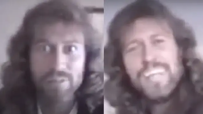 Barry Gibb can be seen in the video trying to make his son laugh as the youngster films him on a video recorder at home.