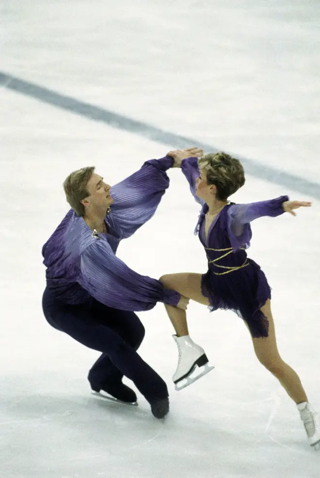 Jayne Torvill and Christopher Dean on their way to winning gold medals in the Ice Dancing event during the Sarajevo Winter Olympic Games.