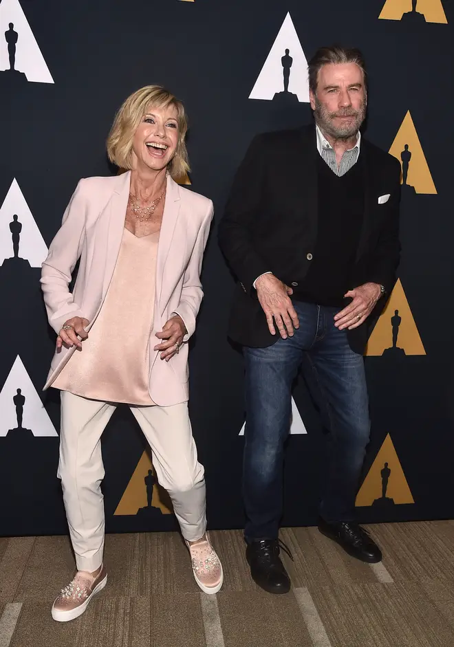 Olivia Newton-John and John Travolta attend a 'Grease' 40th Anniversary party at the Samuel Goldwyn Theater on August 15, 2018 in Beverly Hills