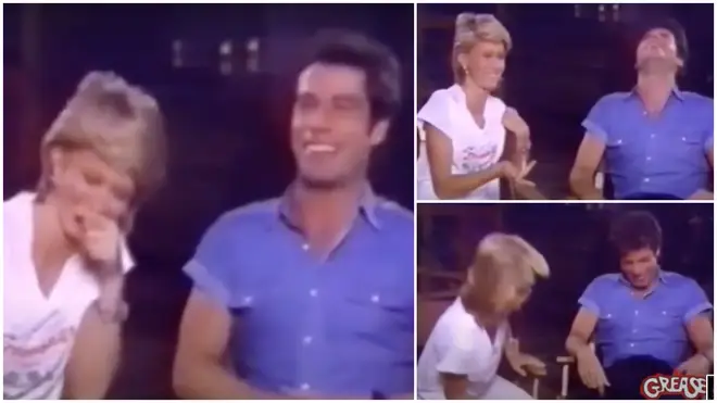 Vidoe has resurfaced of Olivia Newton-John and John Travolta laughing hysterically during a Grease interview in 1983 (pictured)