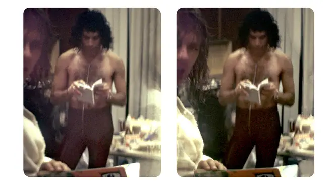 Freddie Mercury topless reading a book in his dressing room 