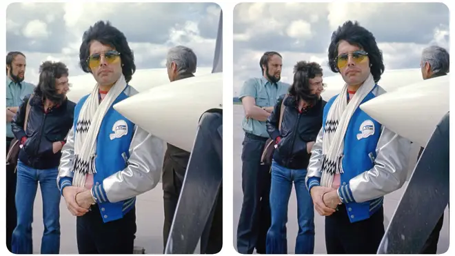 Freddie Mercury and John Deacon at an airport.