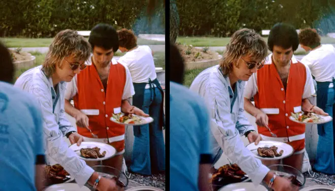 Freddie Mercury in shorts at BBQ with Roger Taylor
