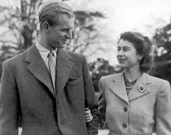 The royal pair pictured during a walk on their honeymoon in Broadlands, Hampshire in 1947.