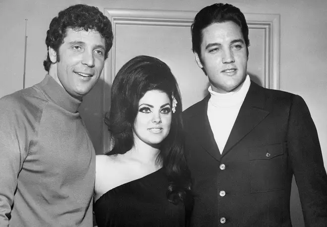(L to R) Tom Jones, Priscilla Presley and Elvis Presley pictured in 1968 backstage at the Flamingo Hotel in Las Vegas, where Presley witnessed and cheered to a Tom Jones performance.