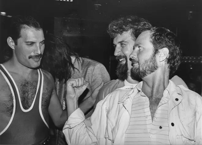 Queen's Freddie Mercury with comedian Billy Connolly and DJ Kenny Everett, during Mercury's 38th birthday party at the Xenon nightclub, 1984.