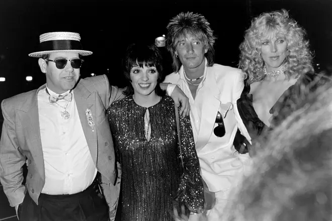 Elton John, Liza Minnelli, Rod Stewart and Alana Stewart pictured at the White Elephant Restaurant in London to celebrate Liza Minnelli's opening night show on May 17, 1983.