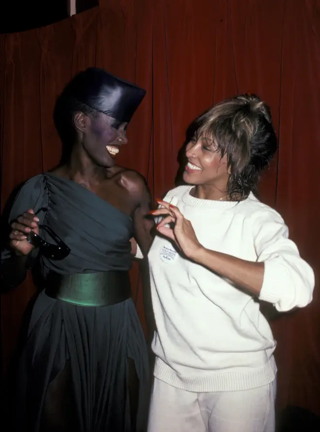 Grace Jones and Tina Turner at the Tina Turner Opening Party May 7, 1981 at The Ritz in New York City.
