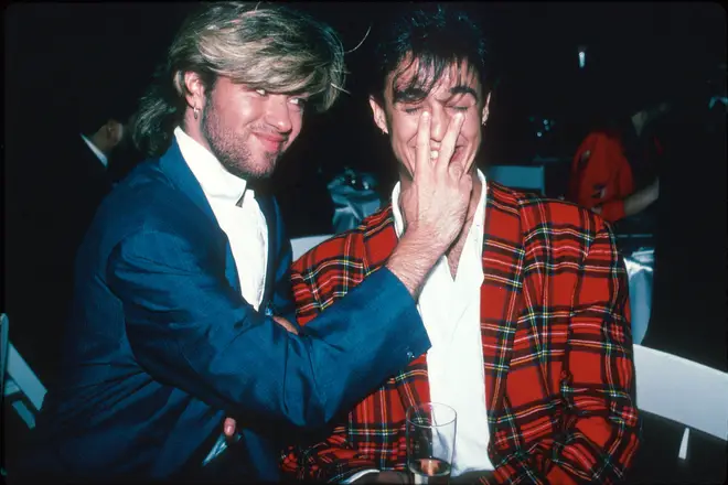 Wham!'s George Michael and Andrew Ridgeley backstage at a concert in Japan in 1985.