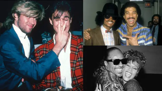Clockwise from Left to Right: George Michael and Andrew Ridgeley, Michael Jackson and Lionel Richie and Stevie Wonder and Whitney Houston