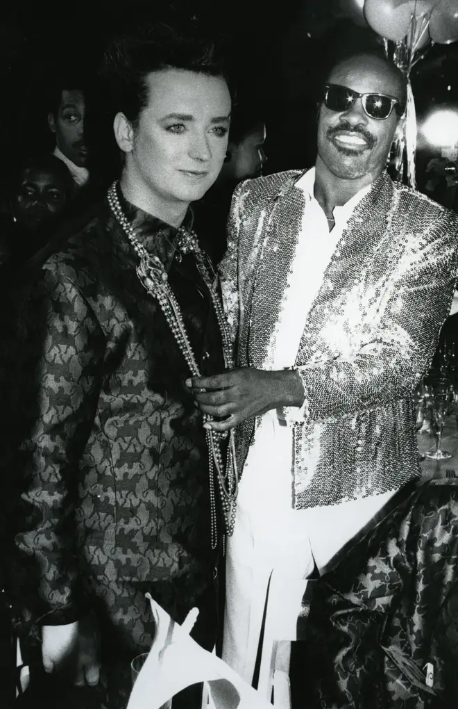 Boy George with Stevie Wonder during the taping of the television special 'Motown Returns to the Apollo,' Harlem, New York, May 4, 1985.