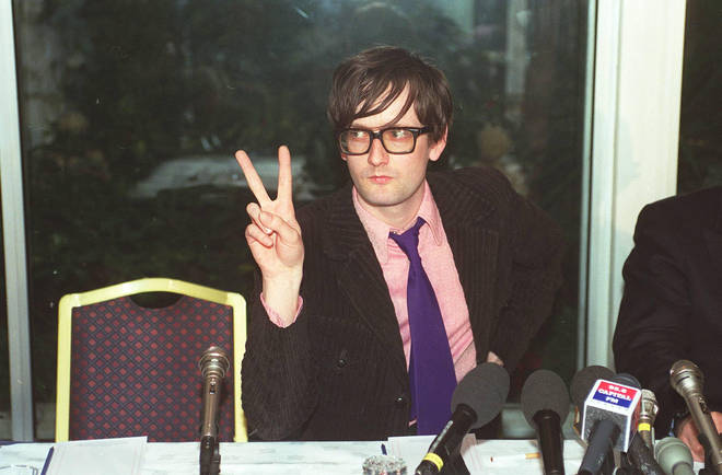 Jarvis Cocker pictured in 1996 at press conference following a court appearance where he was told that he will not be prosecuted for the Brit Awards incident.