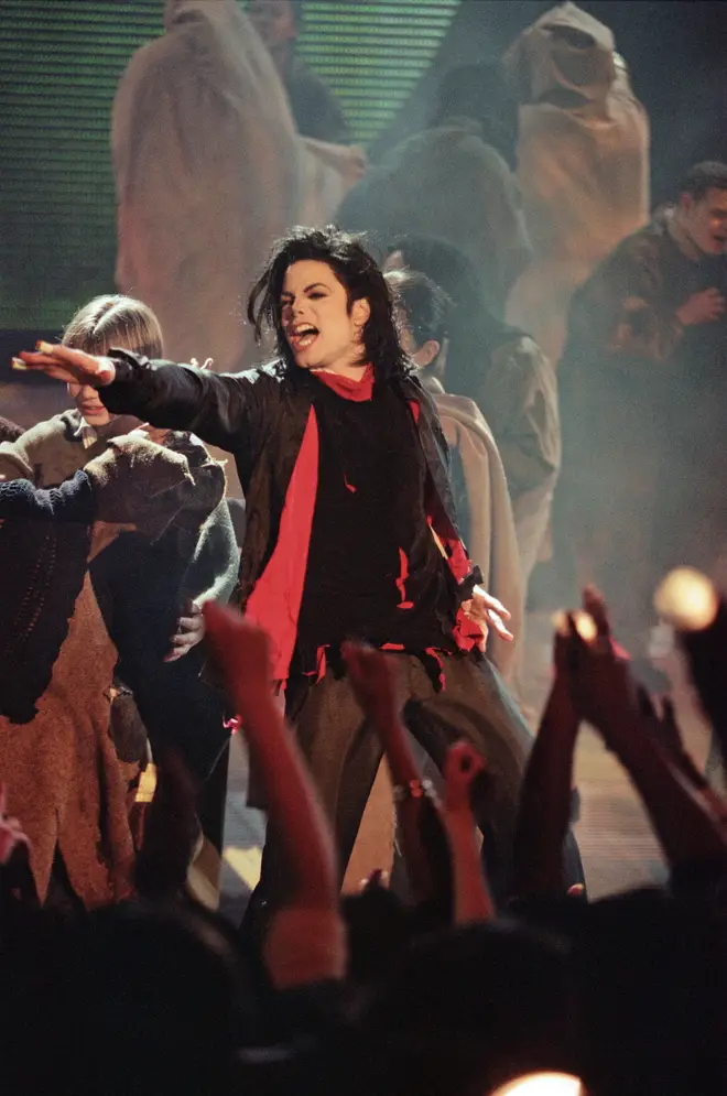 Michael Jackson performing at the Brit Awards just moments before Jarvis Cocker crashed the stage at Earls Court, London on February 19, 1996.