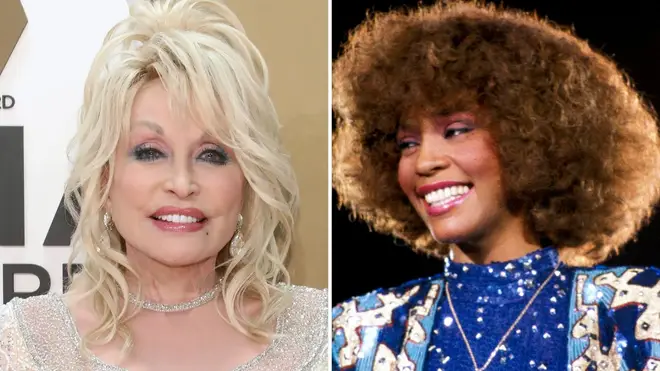 Dolly Parton Whitney Houston smiling close up