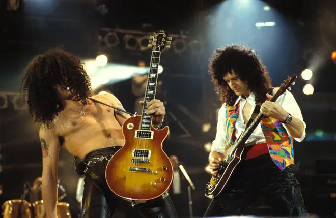 Slash & Brian May performing on stage at the Freddie Mercury Tribute concert  (Photo by Mick Hutson/Redferns)
