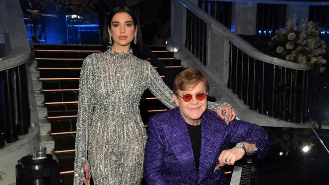 Dua Lipa and Sir Elton John attend the 29th Annual Elton John AIDS Foundation Academy Awards Viewing Party on April 25, 2021. (Photo by David M. Benett/Getty Images for the Elton John AIDS Foundation)