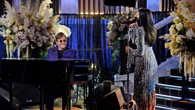 Sir Elton John and Dua Lipa perform during the 29th Annual Elton John AIDS Foundation Academy Awards Viewing Party on April 25, 2021. (Photo by David M. Benett/Getty Images for the Elton John AIDS Foundation)