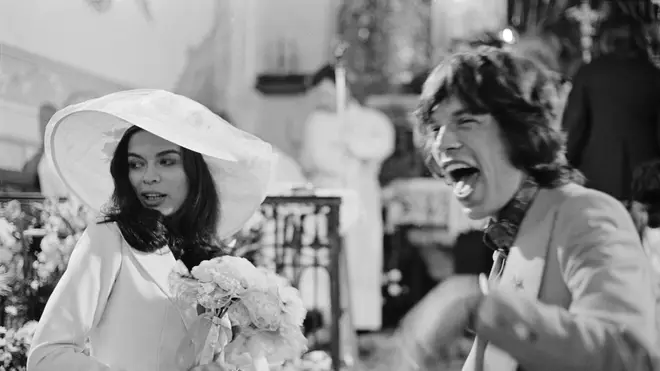 Mick and Bianca Jagger at their wedding at the Church of St. Anne, St Tropez, 12th May 1971. (Photo by Reg Lancaster/Daily Express/Hulton Archive/Getty Images)