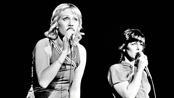 ABBA's Agnetha Faltskog and Anni-Frid Lyngstad performing at Wembley Arena in November 1979. (Photo by Gus Stewart/Redferns)