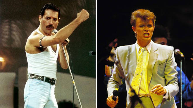 Freddie Mercury and David Bowie both performing at Wembley Stadium for Live Aid in 1985.
