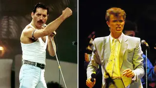 Freddie Mercury and David Bowie both performing at Wembley Stadium for Live Aid in 1985.