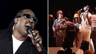 Stevie Wonder performing at the 1996 Olympic closing ceremony in Atlanta, and Stevie Wonder on stage with John Lennon.