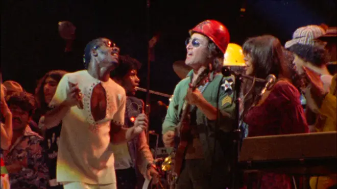 Stevie Wonder performing on stage with John Lennon at Madison Square Garden, New York in 1972.
