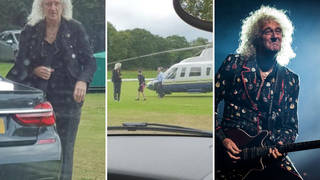 Brian May's private helicopter lands on a cricket pitch mid-game, and Brian May performing live in Milan with Queen + Adam Lambert.
