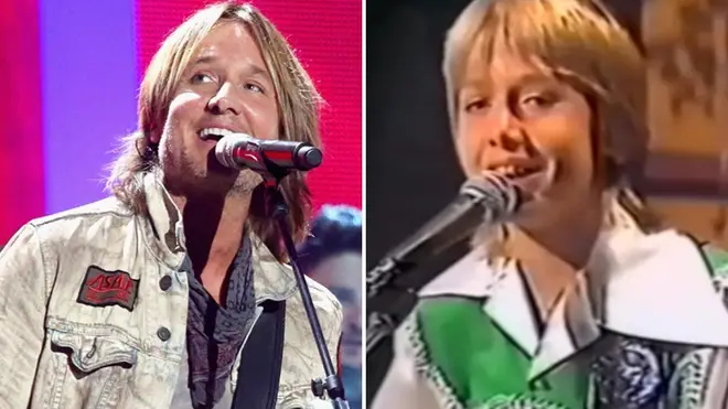 Keith Urban performing at iHeartCountry Festival in 2018, and appearing on talent show Pot Of Gold in 1978.