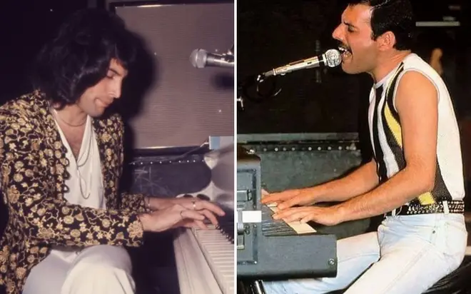 Freddie Mercury tinkering on the piano in the studio, and performing live with Queen.