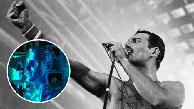 Freddie Mercury performing at Wembley Arena with Queen on his 38th birthday, 5th September 1984. Inset: one of four new artworks to celebrate Freddie Mercury's 75th birthday. (Photo by Nigel Wright/Mirrorpix/Getty Images)