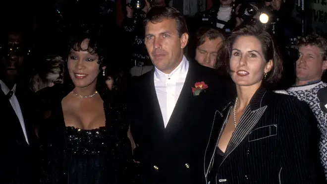Whitney Houston, Kevin Costner and his wife Cindy Costner attend The Bodyguard Premiere in Hollywood, California. (Photo by Ron Galella, Ltd./Ron Galella Collection via Getty Images)