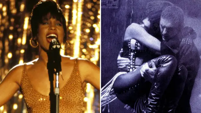 Whitney Houston in 1992 film The Bodyguard, and the poster for the film featuring Houston and Kevin Costner.