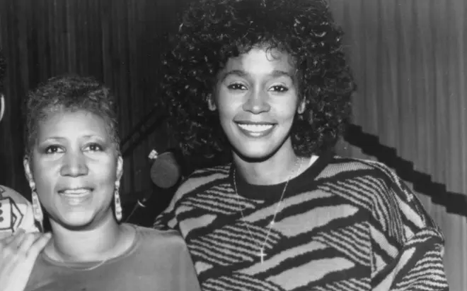 Aretha Franklin and Whitney Houston pose for a portrait during the recording of the song 'It Isn't, It Wasn't, It Ain't Gonna Be Me in May 1989 in Detroit, Michigan.