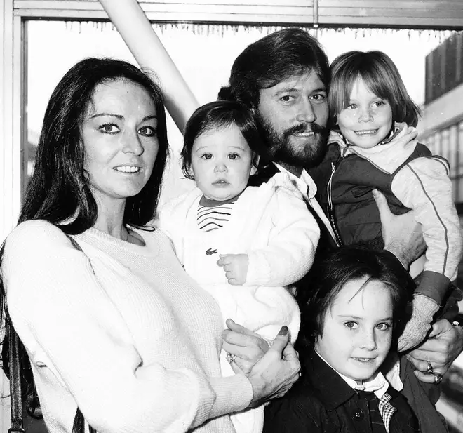 Barry Gibb and wife Linda Gray with their three sons in 1982
