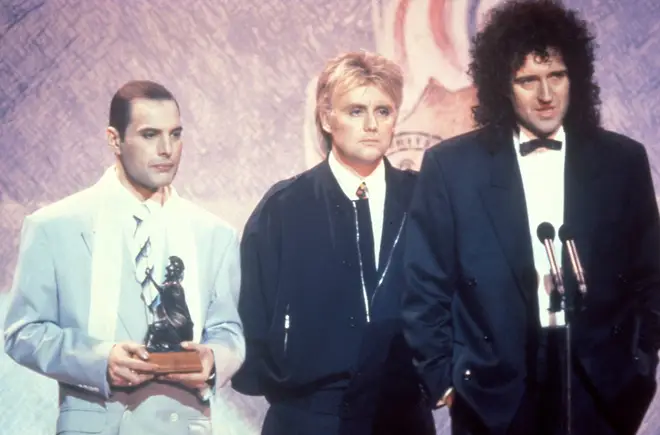 This was one of Freddie's final public appearances at the 1990 BRIT Awards alongside Queen bandmates Brian May and Roger Taylor. (Photo by John Rodgers/Redferns)