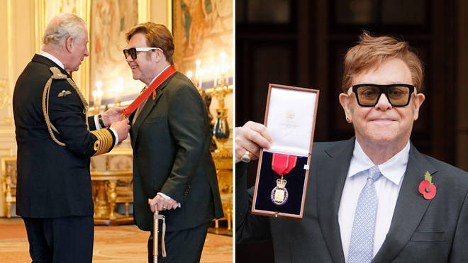 His trip to Windsor Castle marks Sir Elton's first outing since undergoing hip surgery earlier in the summer.