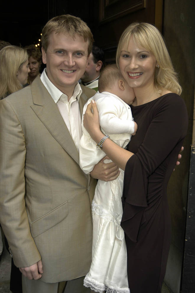 Aled Jones and Claire Fossett at their daughter's Christening in 2002