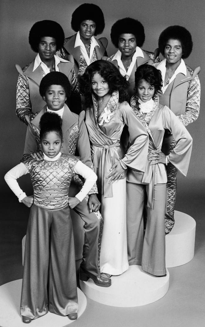 The Jackson family in 1977 ((clockwise from lower row, left): Janet, Randy, Jackie, Michael, Tito, Marlon, LaToya and Rebbie)