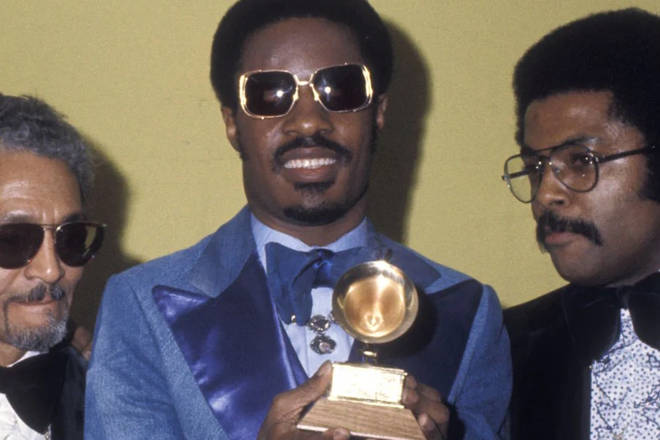 Stevie with the first of his three consecutive album of the year trophies in 1975.