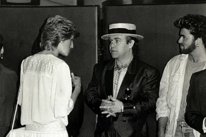 Diana chatting to Elton and George Michael backstage at Wembley during Live Aid in 1985.