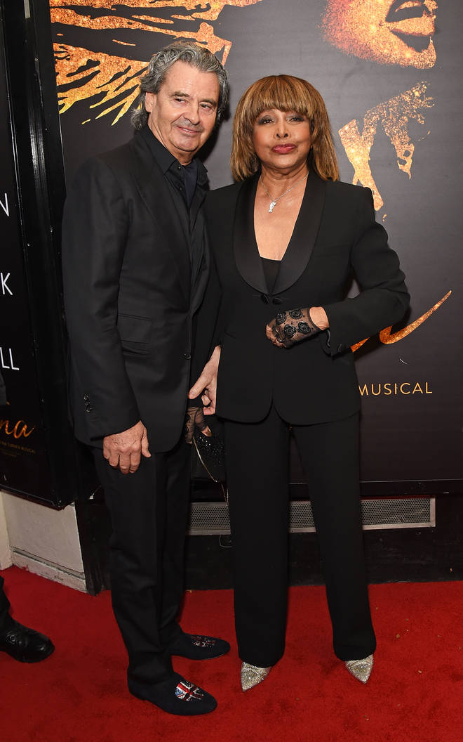 Erwin Bach and Tina Turner arrive at the press night performance of "Tina: The Tina Turner Musical" at the Aldwych Theatre on April 17, 2018