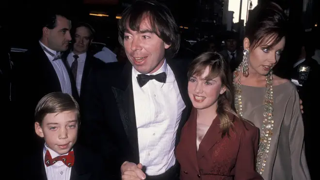 Andrew Lloyd Webber, wife Sarah Brightman, daughter Imogen Webber and son Nicholas Webber in 1990