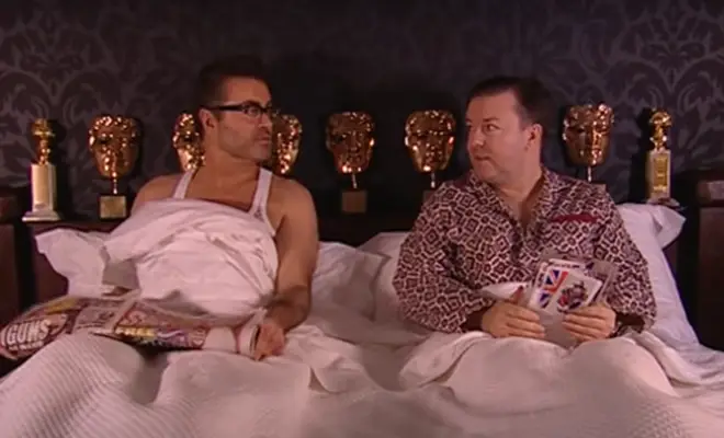 As the pre-recorded video rolled, Ricky could be seen lying in bed holding his comedy award, surrounded by Baftas and Emmys and telling the audience that he was too important to be there in person.