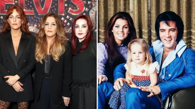 Three generations of Elvis Presley's family reunited for the Elvis premiere. (Picture left, L to R): Riley Keough, Lisa Marie Presley and Pricilla Presley. (Pictured right): Elvis, Pricilla and daughter Lisa Marie c. 1970.