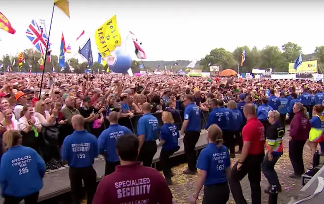 The enourmoud crowd cheered Barry Gibb and hung on to his every word